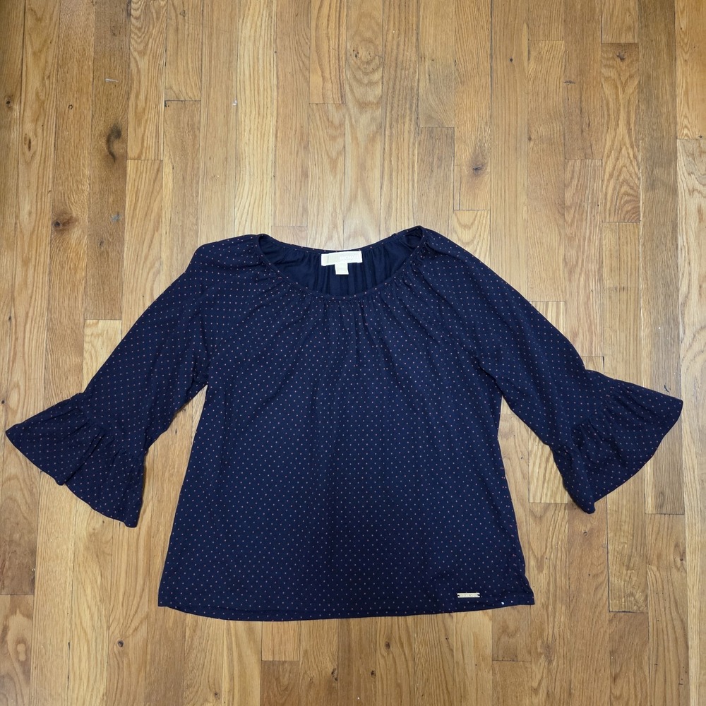 Michael Kors Womens Polka Dot Stretch‎ Top Bell Sleeve Blouse Navy Blue